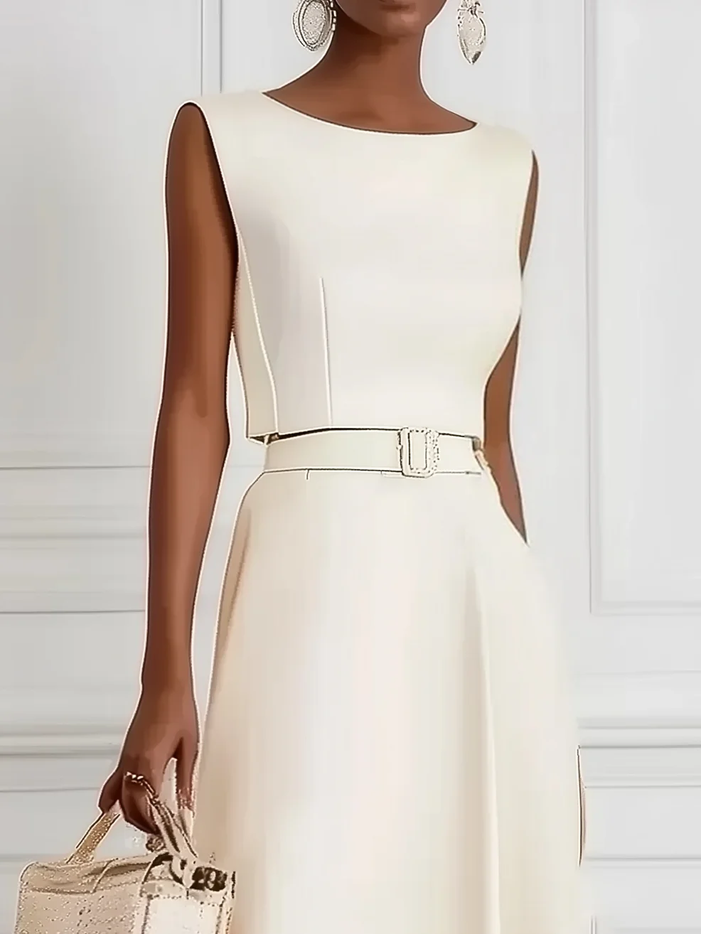 White Classic Boat Neck Sleeveless A-Line Midi Dress