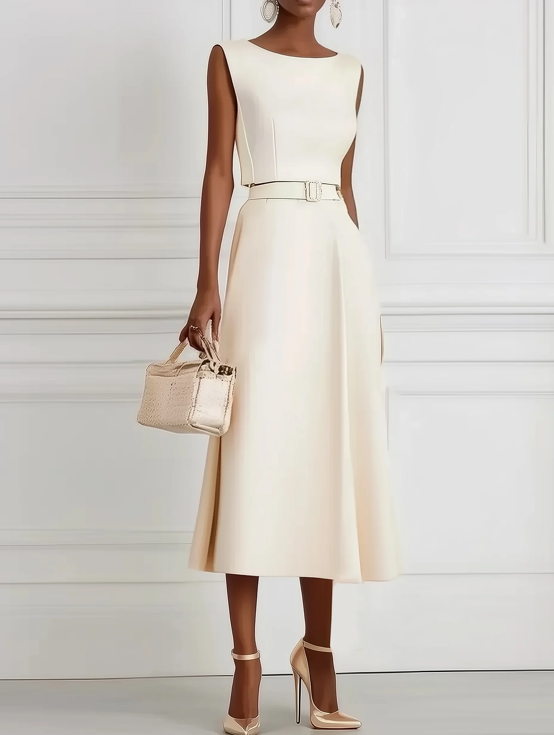 White Classic Boat Neck Sleeveless A-Line Midi Dress