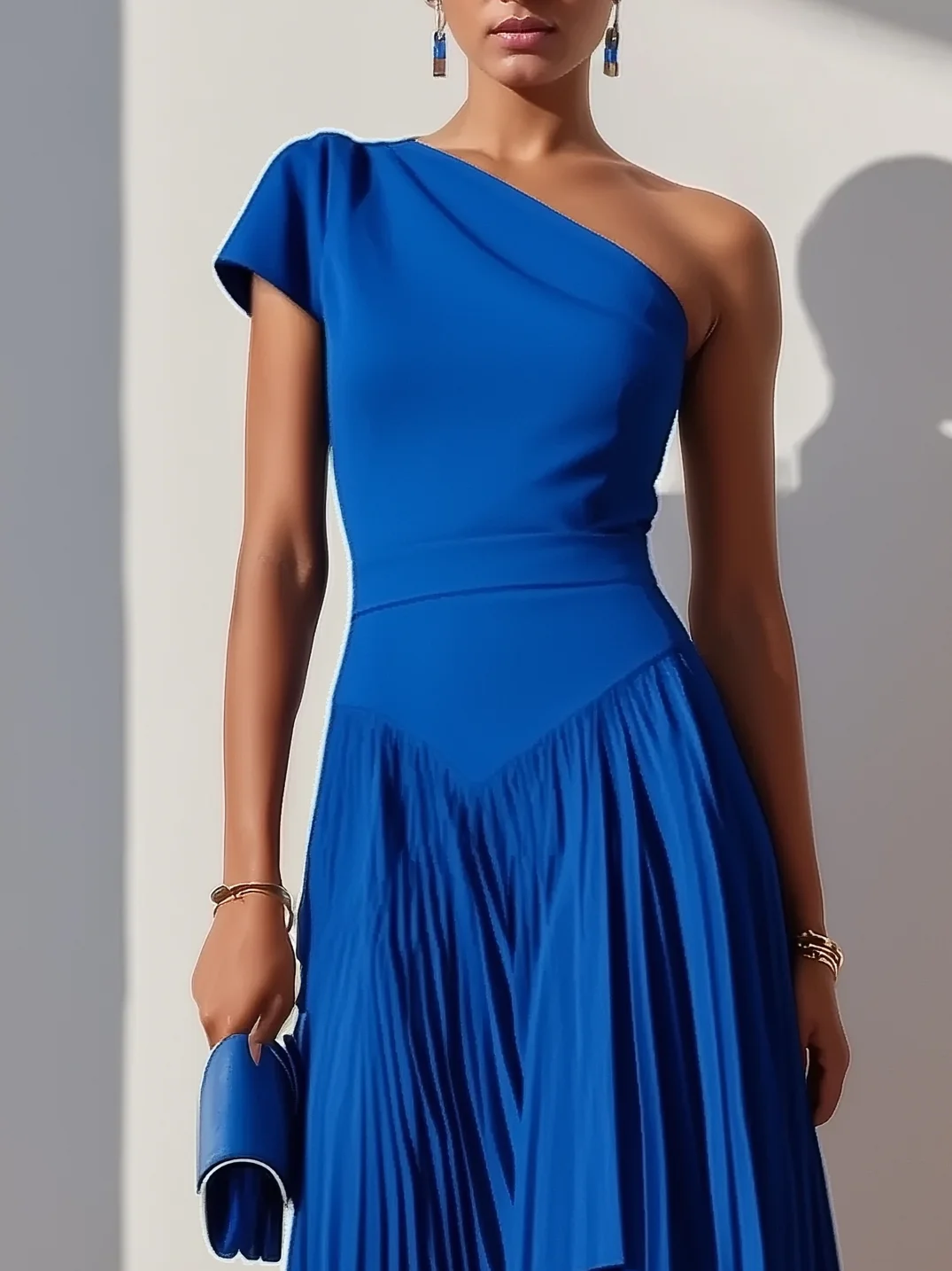 Blue Asymmetric Pleated Classic One Shoulder Short Sleeve A-Line Midi Dress