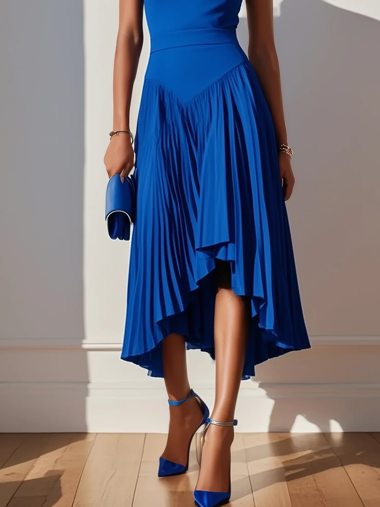 Blue Asymmetric Pleated Classic One Shoulder Short Sleeve A-Line Midi Dress