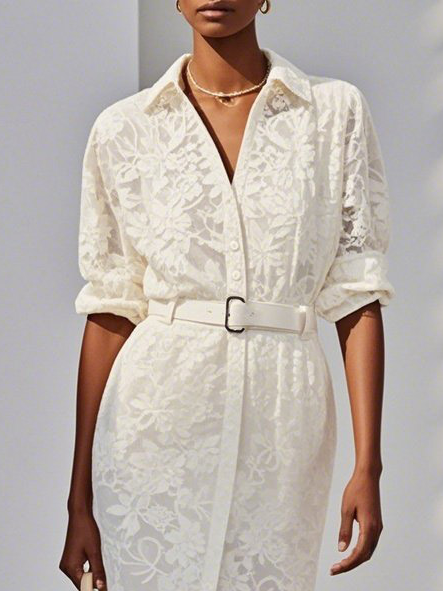 White Jacquard Shirt Collar Long Sleeve H-Line Midi Shirt Dress 