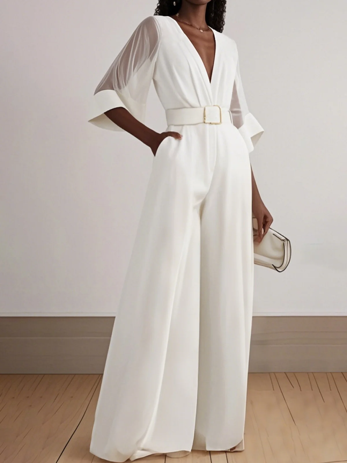 White Mesh V Neck Half Sleeve Plain Wide-Leg Jumpsuit With Belt