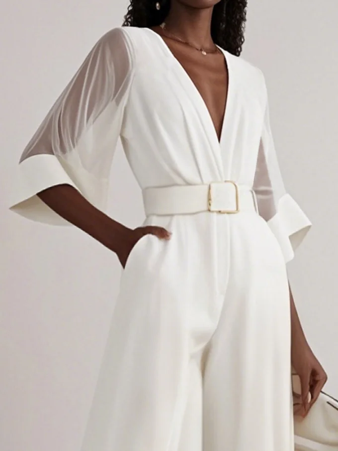 White Morden Plain Jumpsuit With Belt