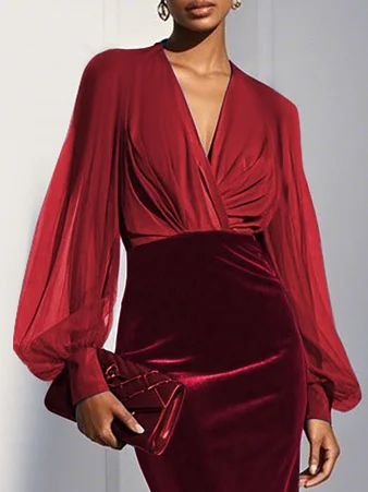 Wine Red Mesh Split Joint Balloon Sleeve Sheath Midi Velvet Dress