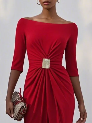 Red Ruched Off The Shoulder Half Sleeve Sheath Maxi Dress