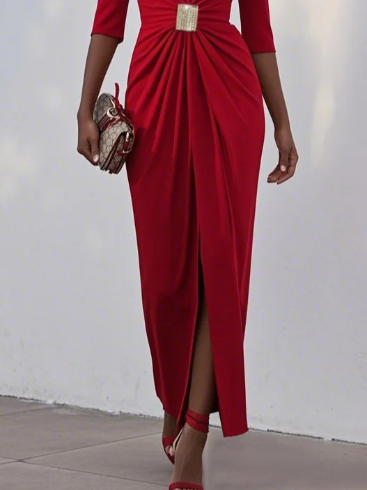 Red Ruched Off The Shoulder Half Sleeve Sheath Maxi Dress