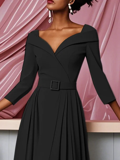Off White Pleated Ruched Three Quarter Sleeve A-Line Maxi Dress