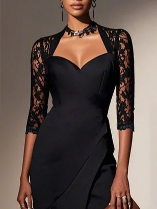 Black Lace Sweetheart Neckline Half Sleeve A-Line Midi Dress