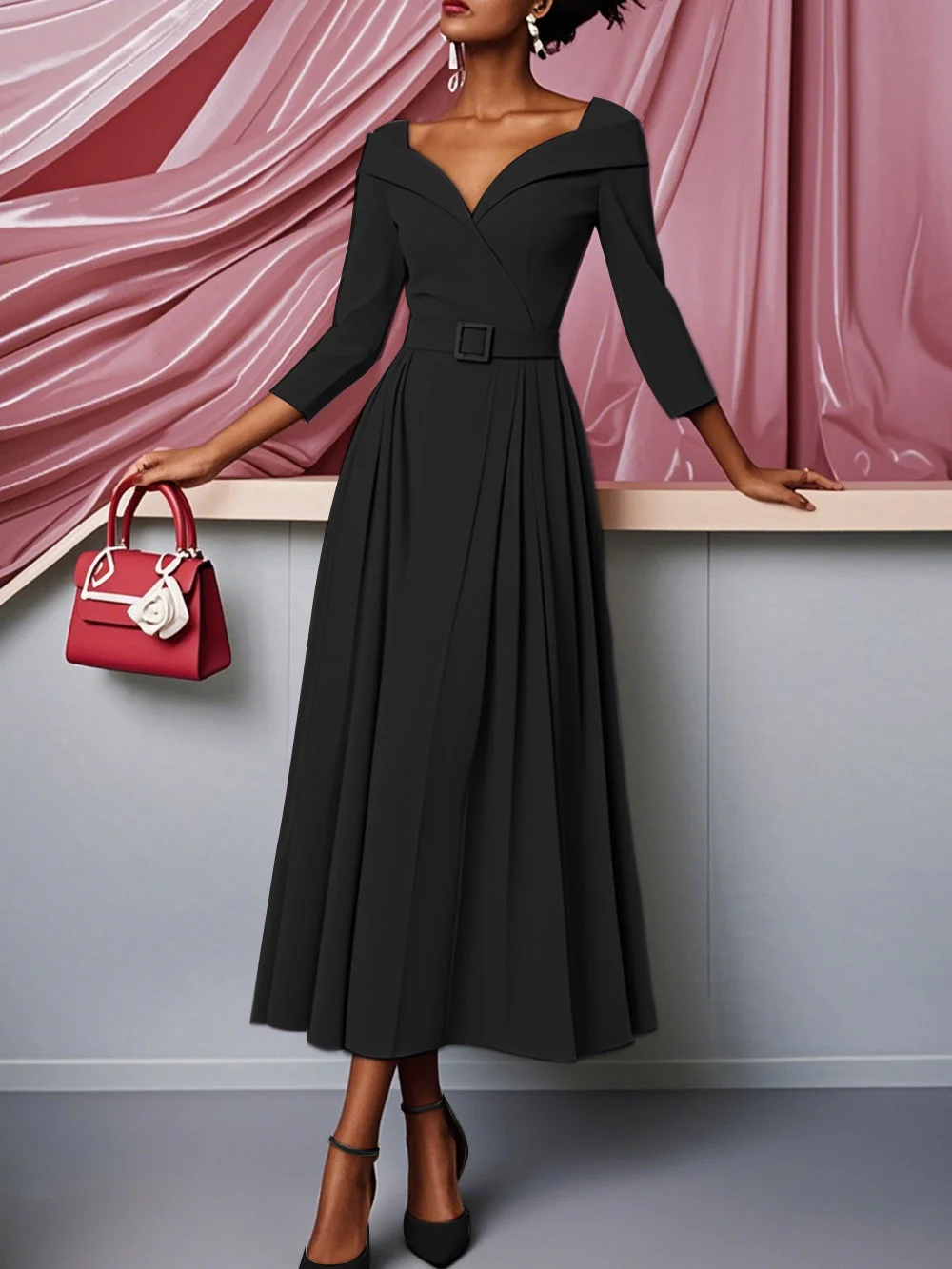 Off White Pleated Ruched Three Quarter Sleeve A-Line Maxi Dress