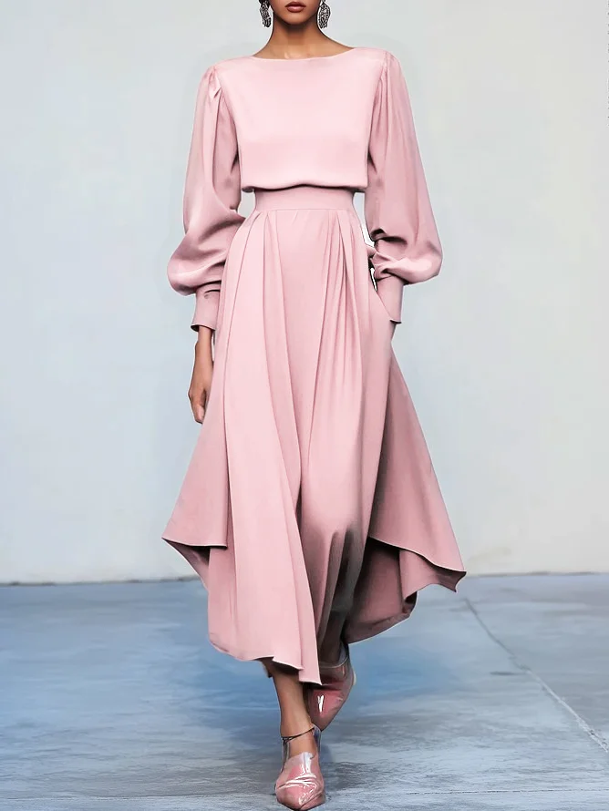 Pink Asymmetric Boat Neck Long Balloon Sleeve A-Line Midi Dress