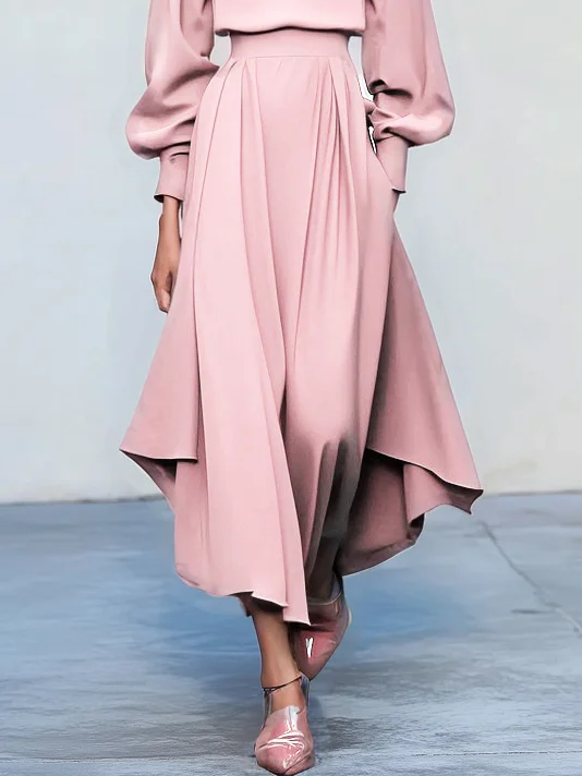 Pink Asymmetric Boat Neck Long Balloon Sleeve A-Line Midi Dress