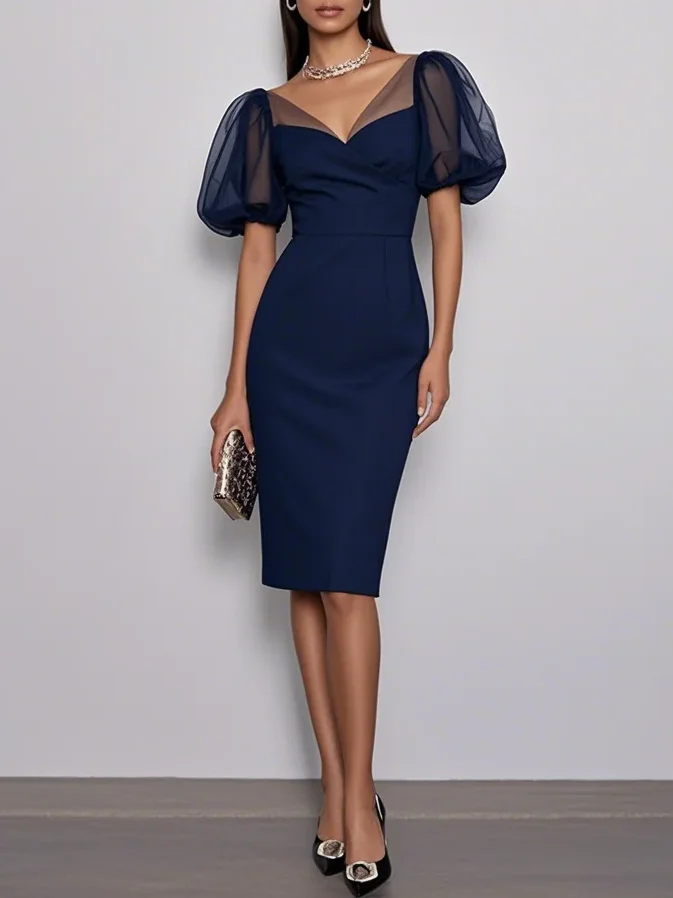 Purplish Blue V Neck Puff Sleeve Sheath Midi Dress