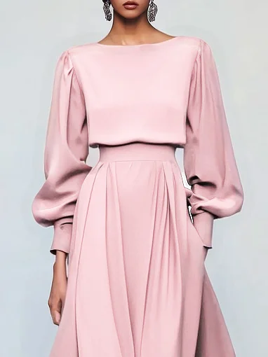 Pink Asymmetric Boat Neck Long Balloon Sleeve A-Line Midi Dress