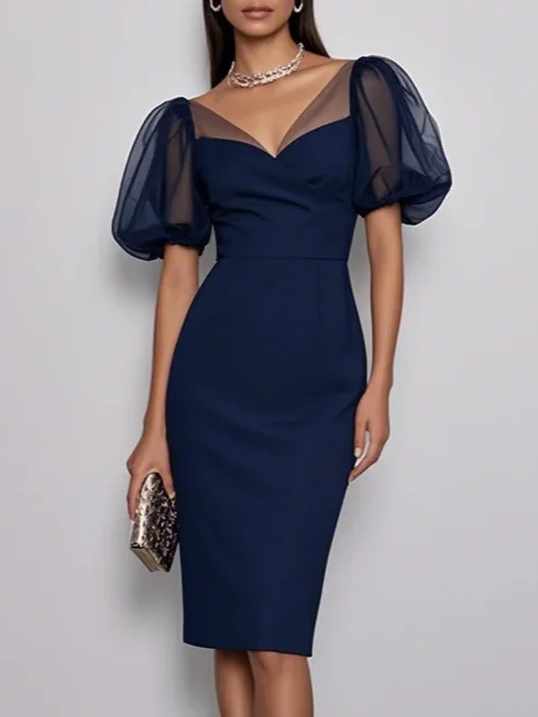 Purplish Blue V Neck Puff Sleeve Sheath Midi Dress