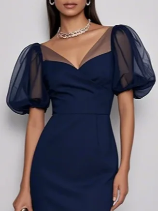 Purplish Blue V Neck Puff Sleeve Sheath Midi Dress