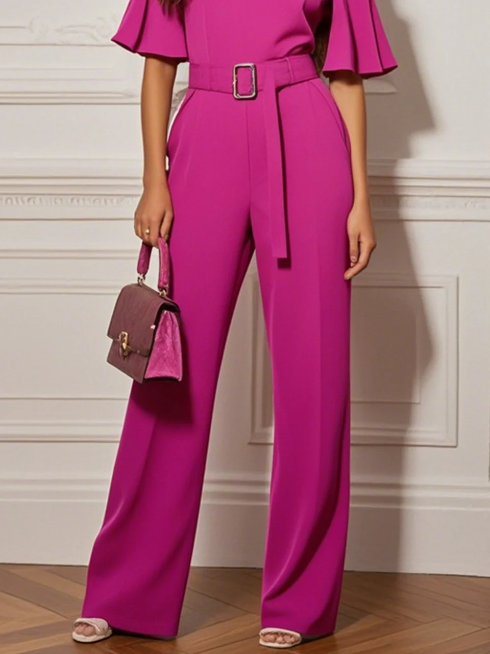 Rose Red Plain Off The Shoulder  Bell Sleeve Jumpsuit With Belt