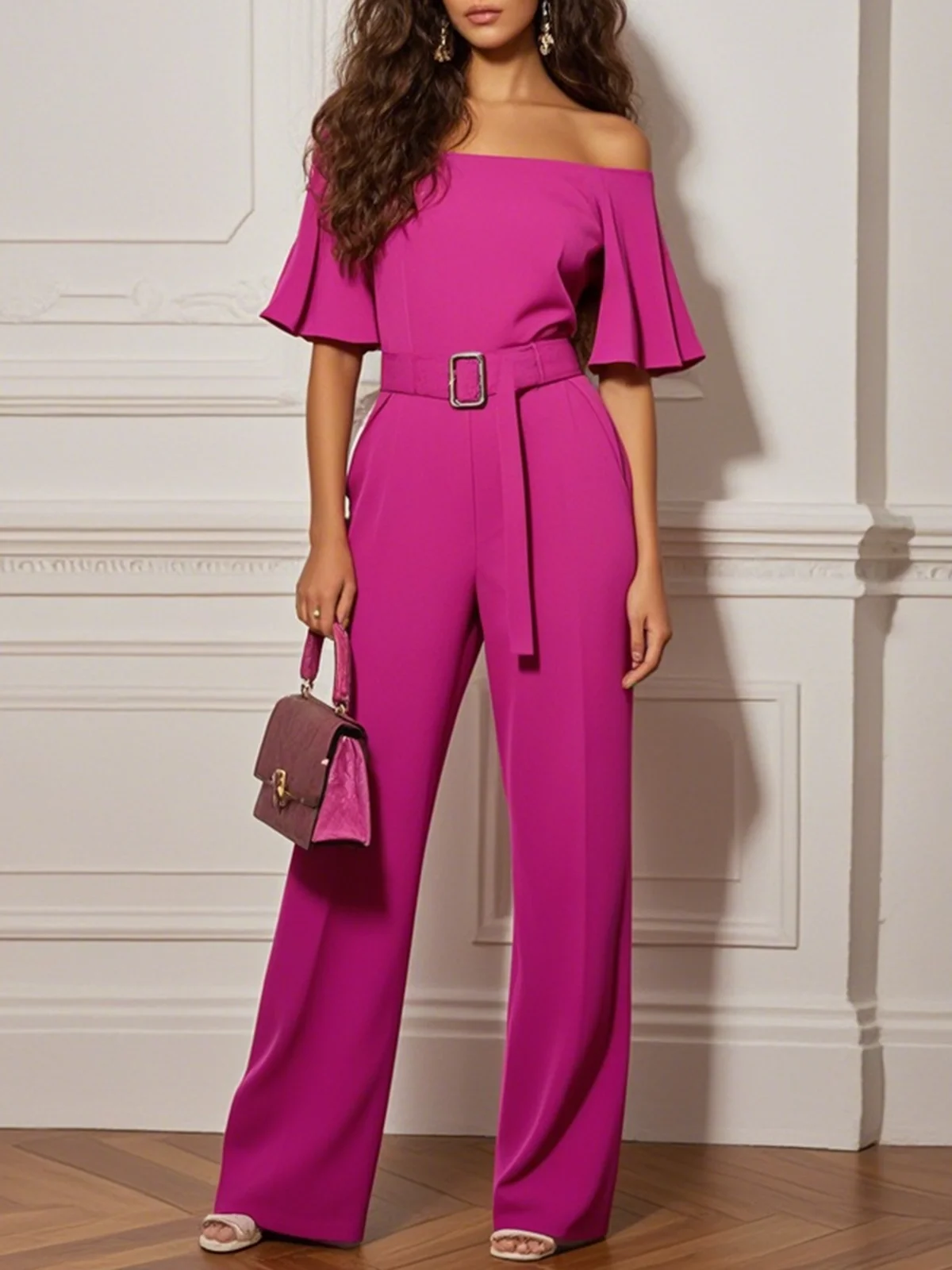 Rose Red Plain Off The Shoulder  Bell Sleeve Jumpsuit With Belt