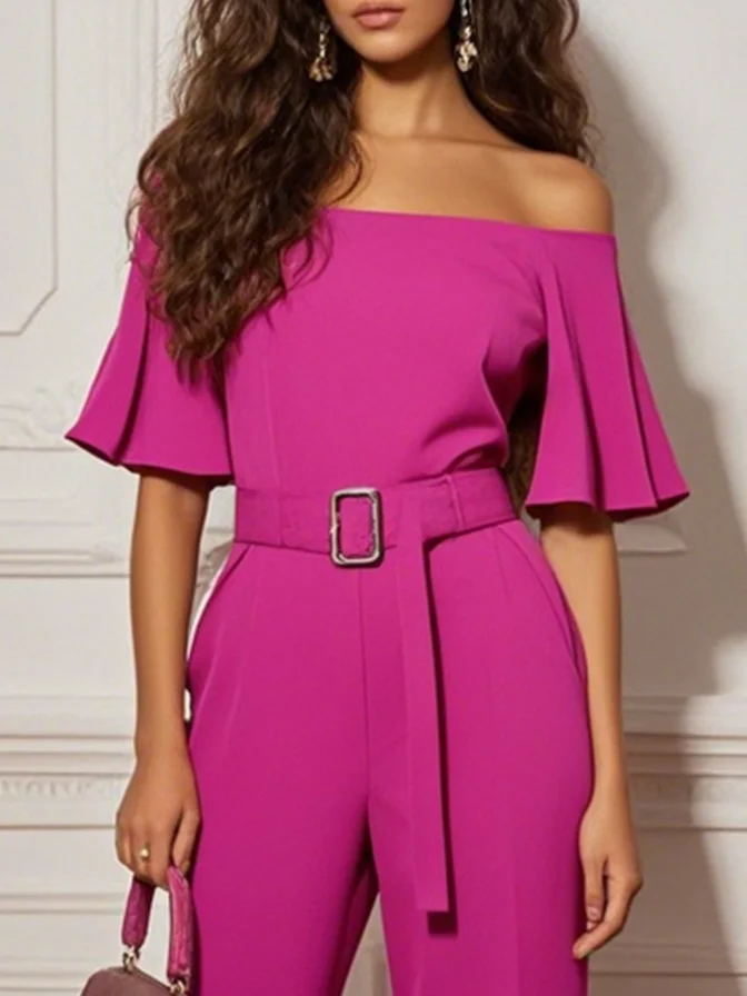 Rose Red Plain Off The Shoulder  Bell Sleeve Jumpsuit With Belt