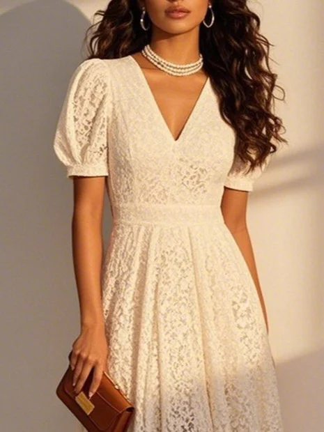 Off White V Neck Puff Sleeve A-Line Midi Lace Dress