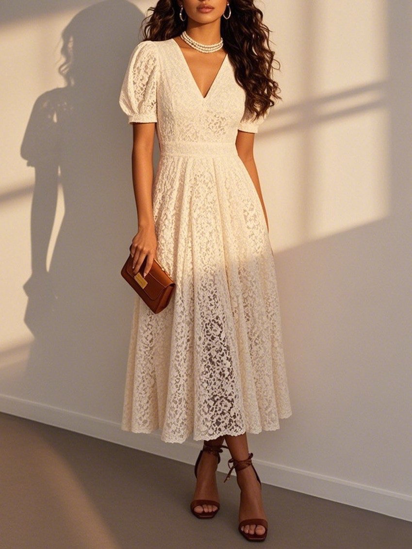 Off White V Neck Puff Sleeve A-Line Midi Lace Dress