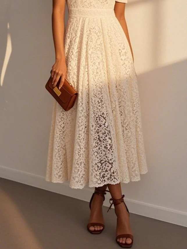 Off White V Neck Puff Sleeve A-Line Midi Lace Dress