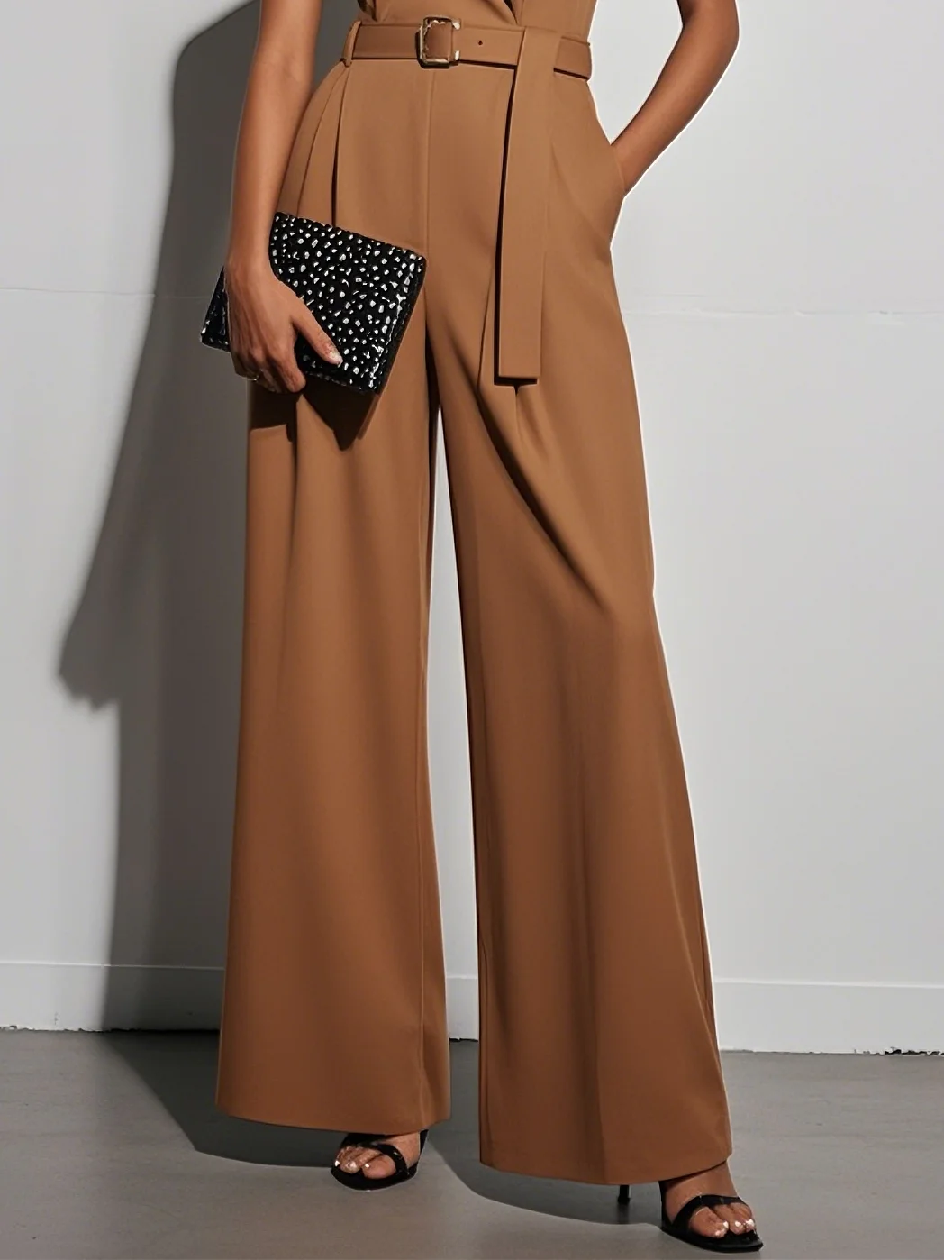 Yellow Brown Shawl Collar Jumpsuit With Belt