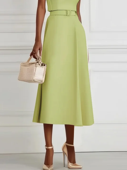 Light Blue Classic Boat Neck Sleeveless A-Line Midi Dress