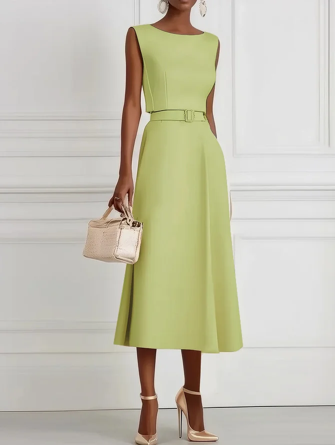 Light Blue Classic Boat Neck Sleeveless A-Line Midi Dress