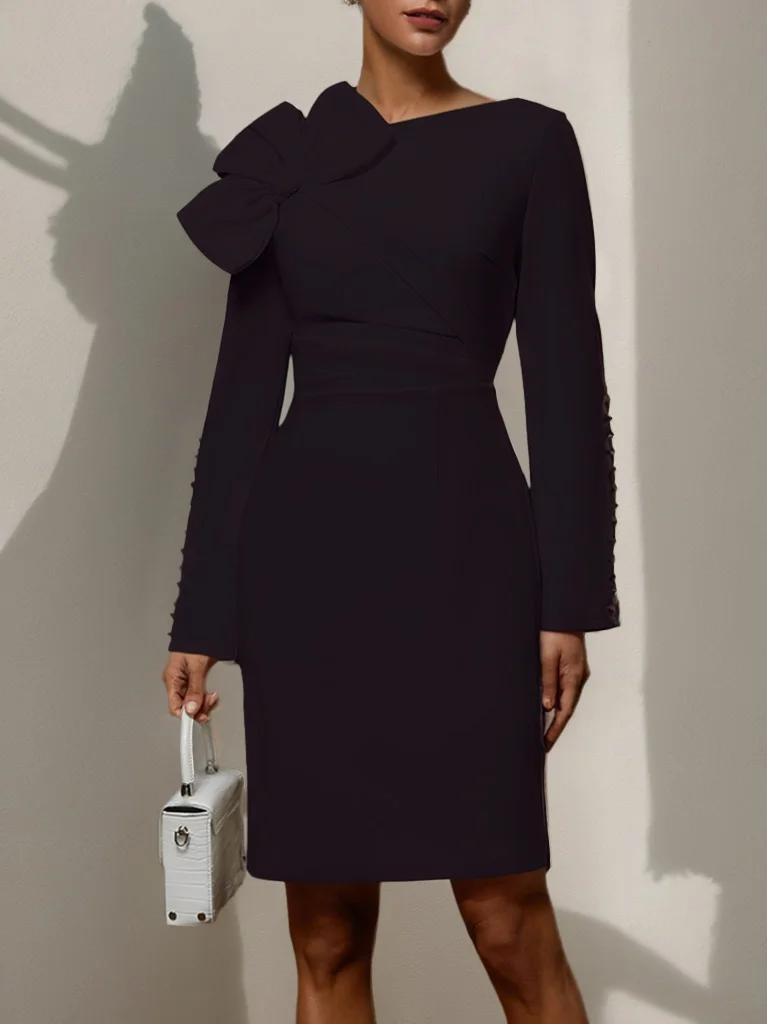 White Bow Long Sleeve Sheath Midi Dress