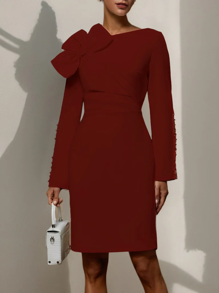 Cream White Bow Long Sleeve Sheath Midi Dress | fehaute