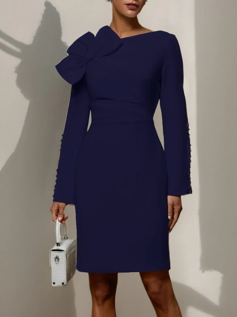 White Bow Long Sleeve Sheath Midi Dress