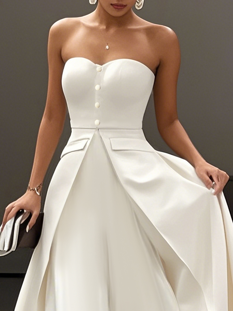 White Buckle Strapless Sleeveless Two-Piece Set