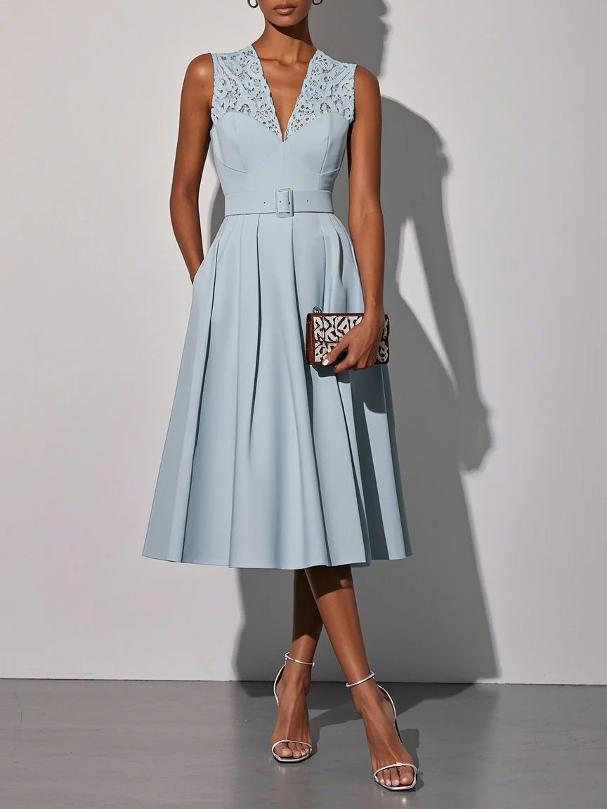 Light Blue Lace V Neck Sleeveless A-Line Midi Dress