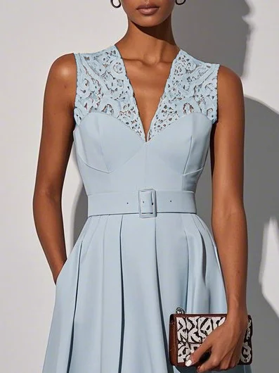 Light Blue Lace V Neck Sleeveless A-Line Midi Dress