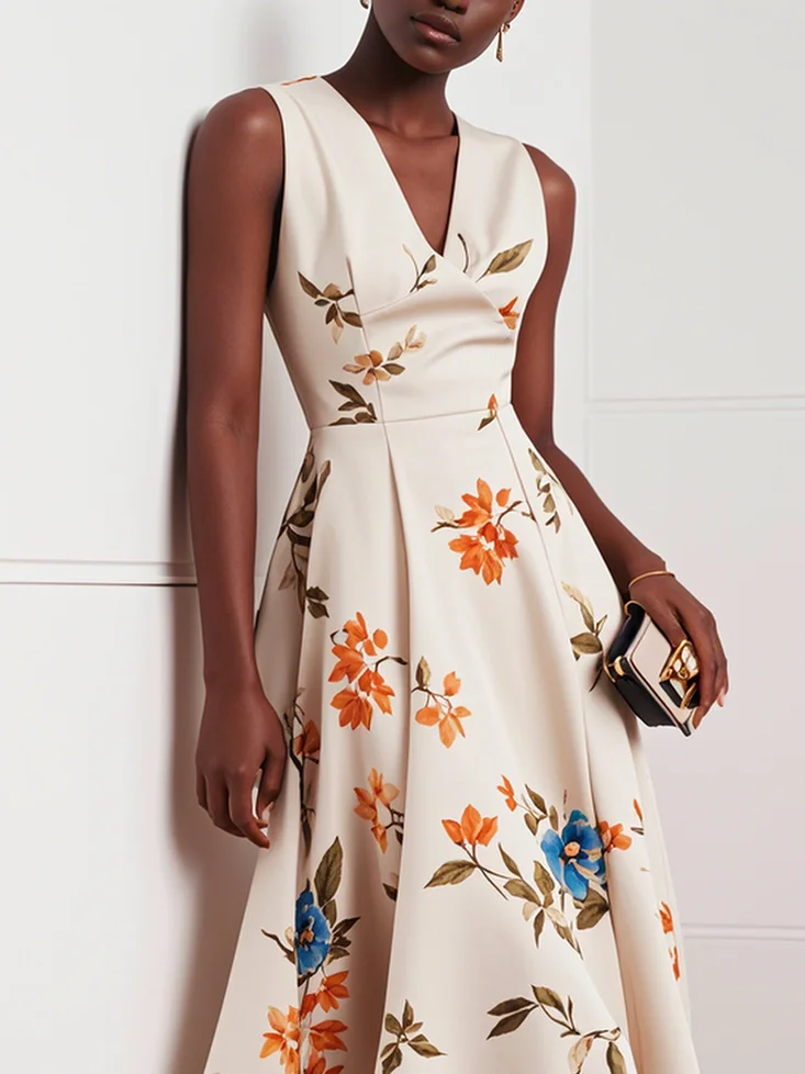 Beige Classic V Neck Floral Sleeveless A-Line Midi Dress