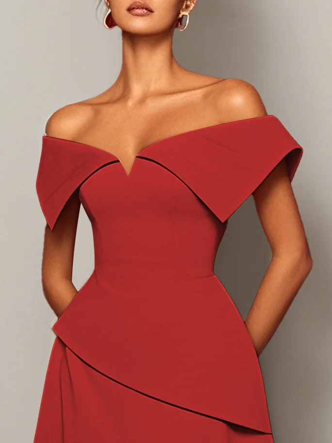 Red Slit Off The Shoulder A-Line Midi Dress