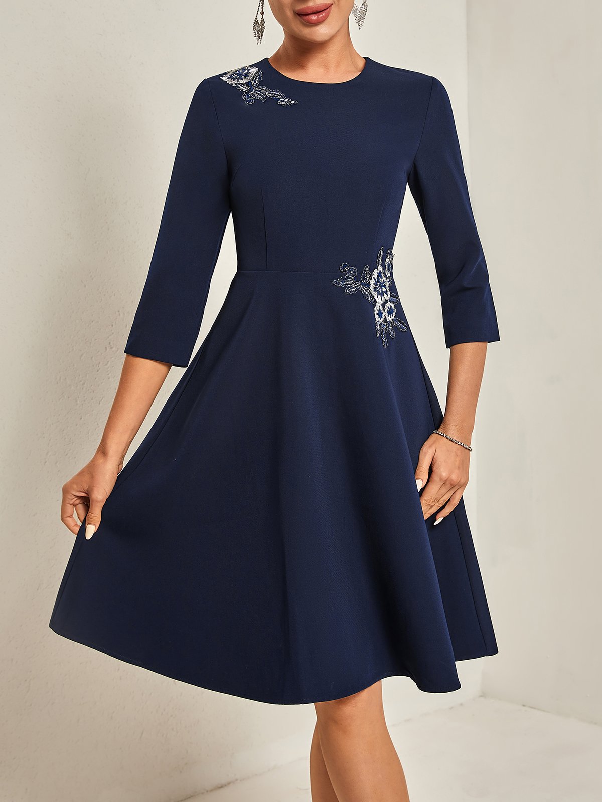 Blue Embroidery Classic Crew Neck Long Sleeve A-Line Midi Dress