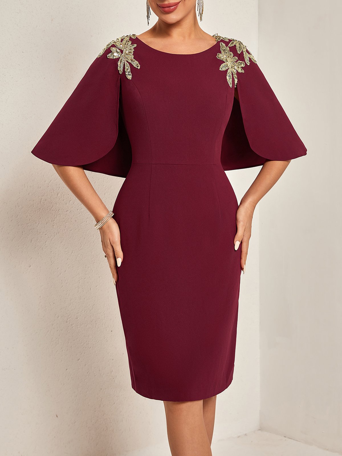 Red Lace Classic Crew Neck Short Sleeve Sheath Midi Dress