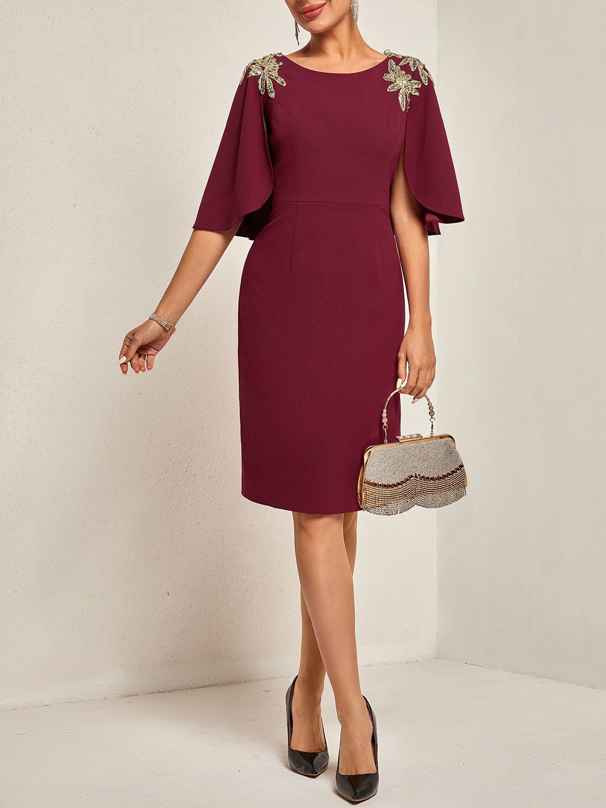 Red Lace Classic Crew Neck Short Sleeve Sheath Midi Dress