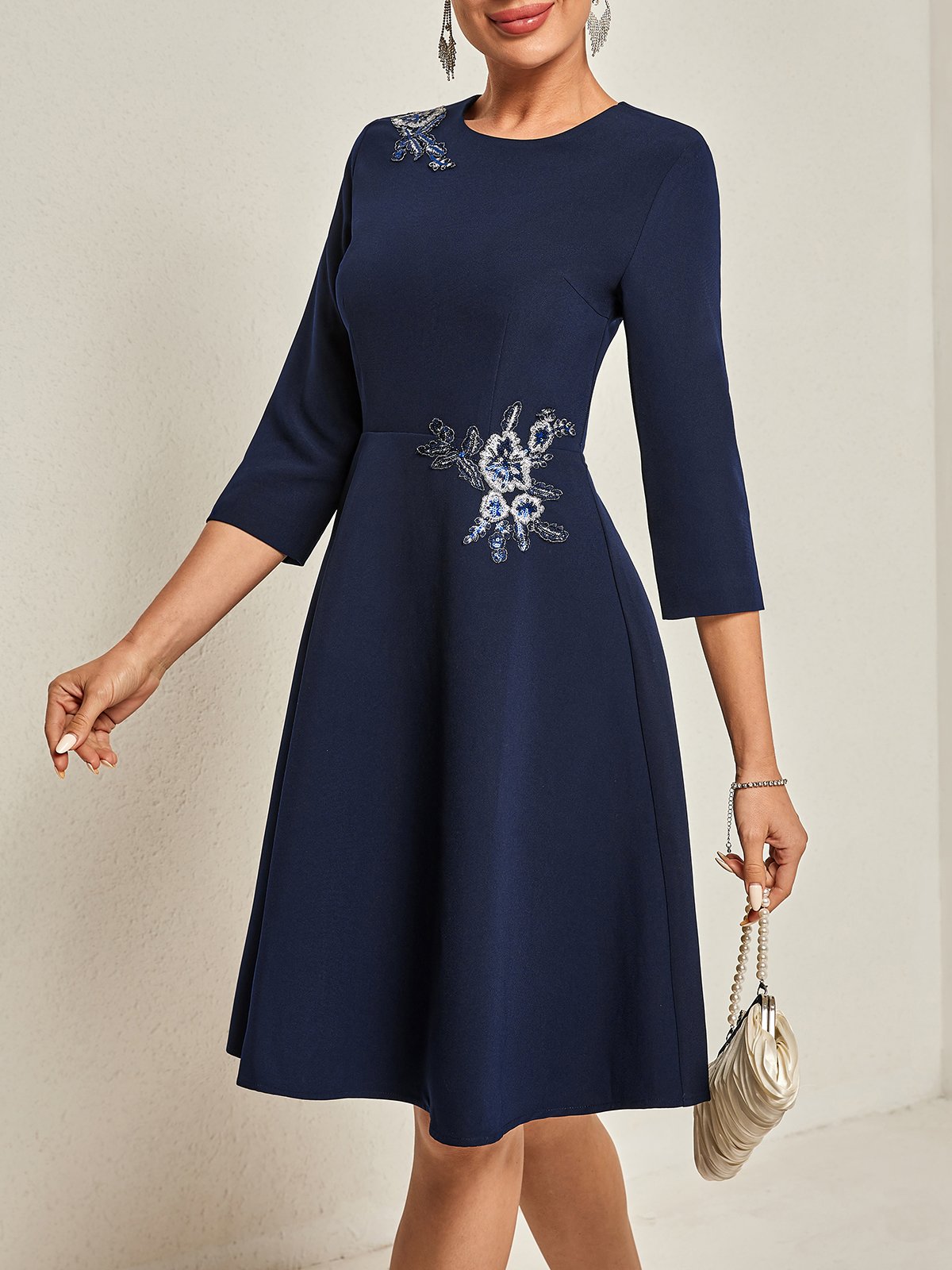 Blue Embroidery Classic Crew Neck Long Sleeve A-Line Midi Dress