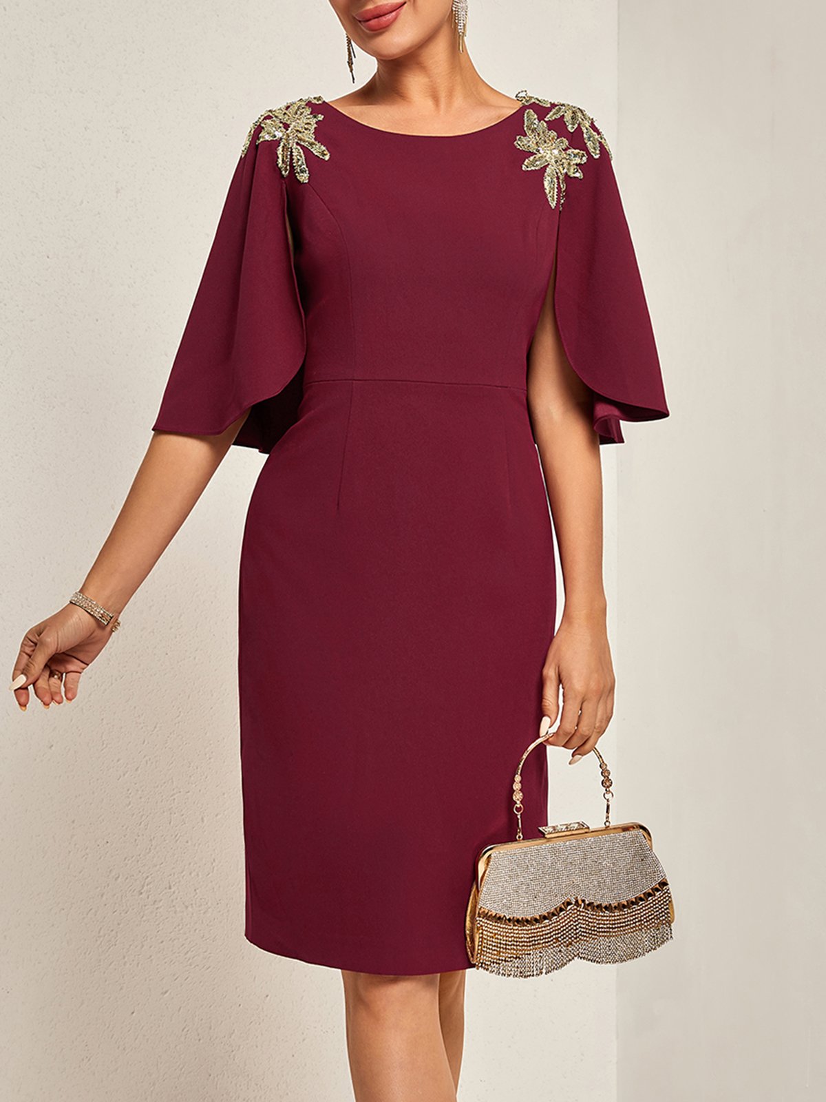 Red Lace Classic Crew Neck Short Sleeve Sheath Midi Dress