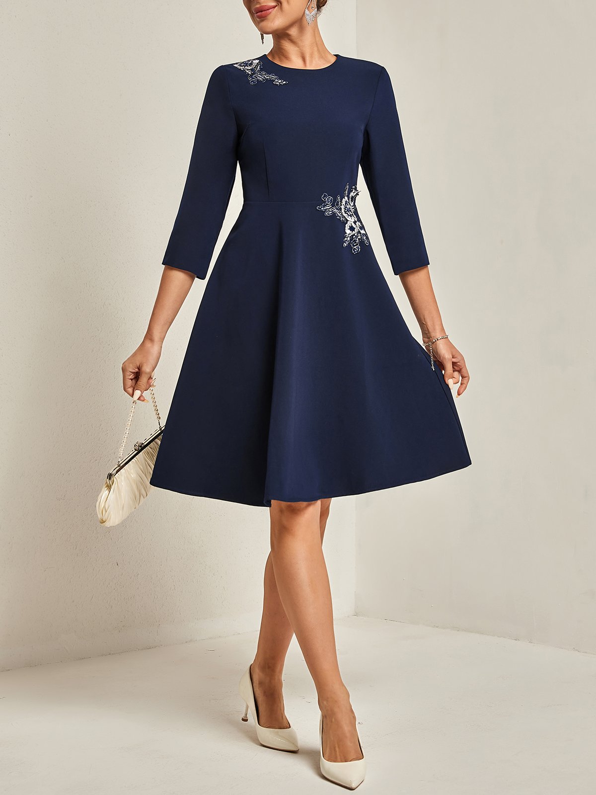 Blue Embroidery Classic Crew Neck Long Sleeve A-Line Midi Dress