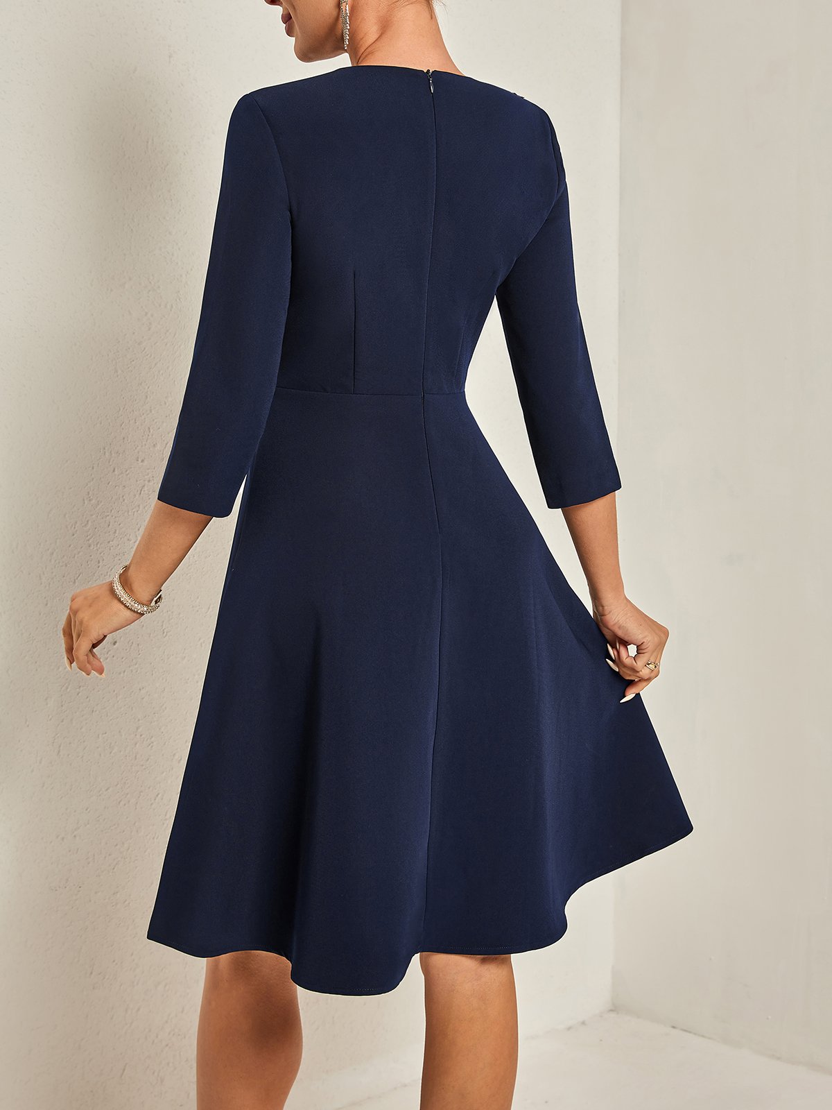 Blue Embroidery Classic Crew Neck Long Sleeve A-Line Midi Dress