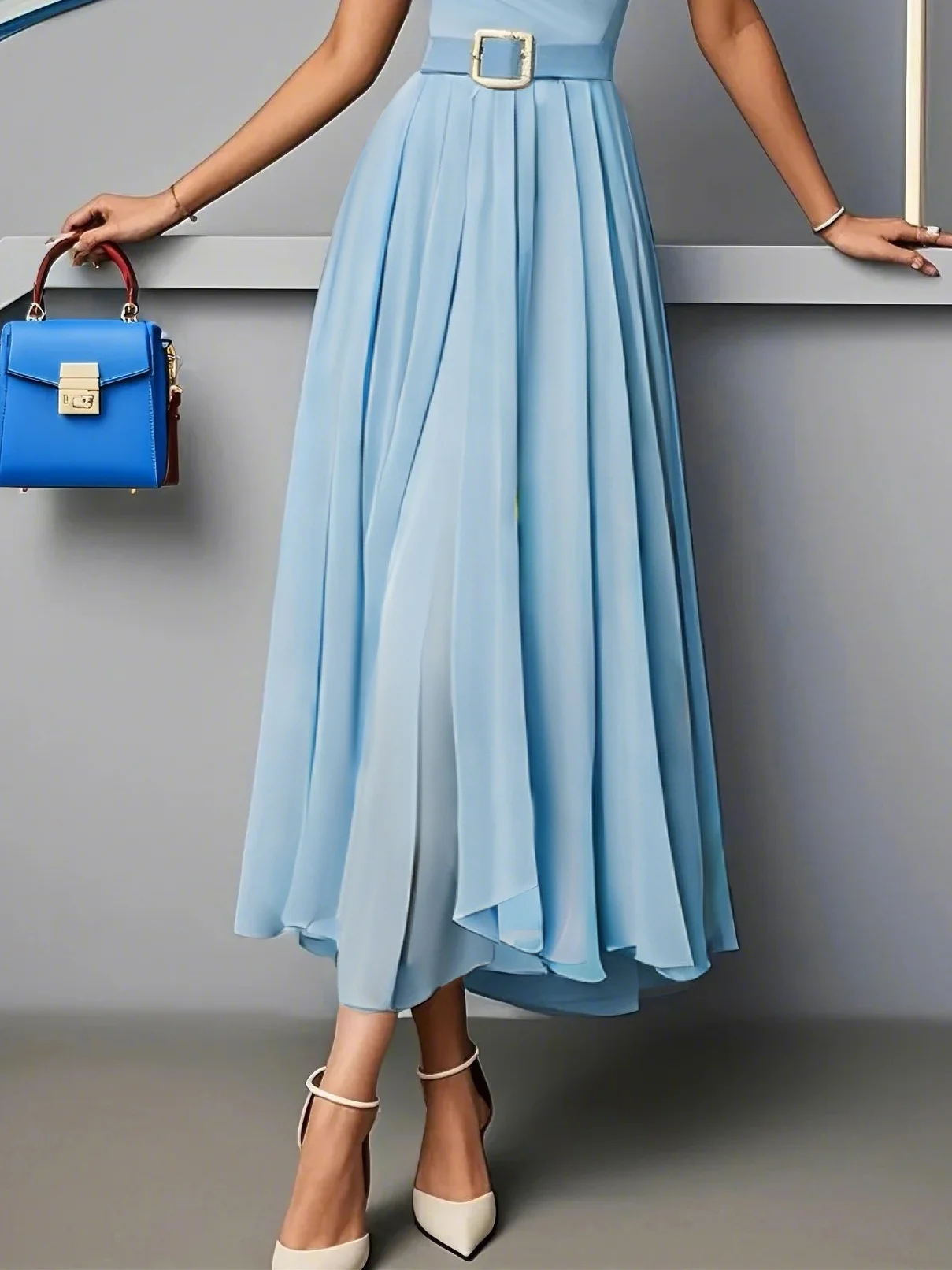 Light Blue Ruched Sweetheart Neckline A-Line Maxi Chiffon Dress