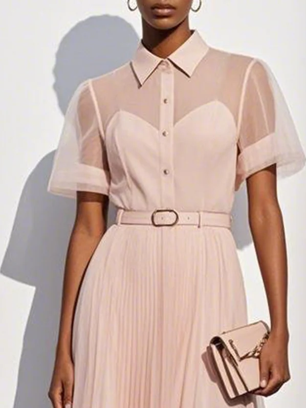 Pink Pleated Classic Shirt Collar Short Sleeve A-Line Midi Dress