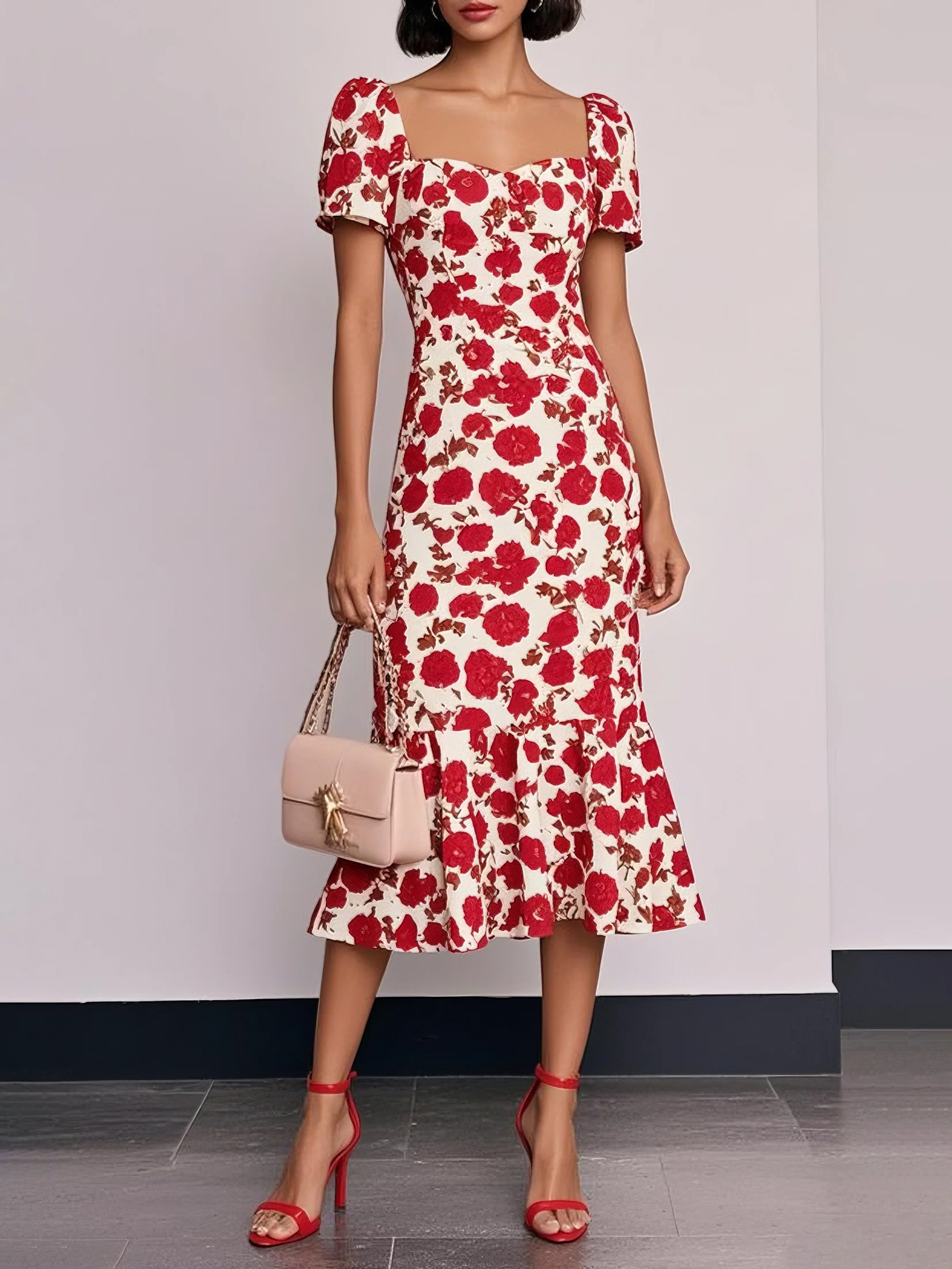 Red Floral Sweetheart Neckline Mermaid Midi Dress