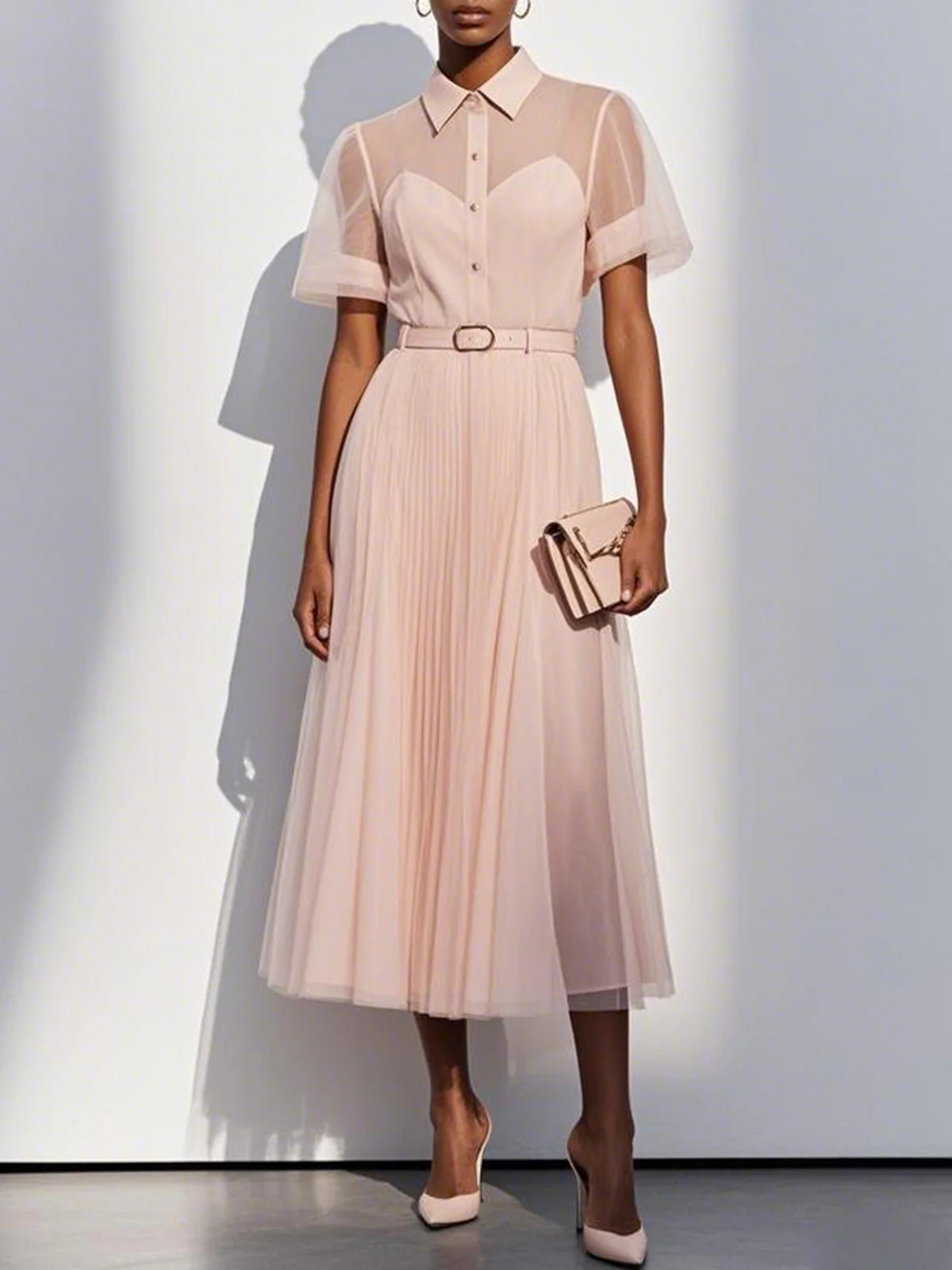 Pink Pleated Classic Shirt Collar Short Sleeve A-Line Midi Dress