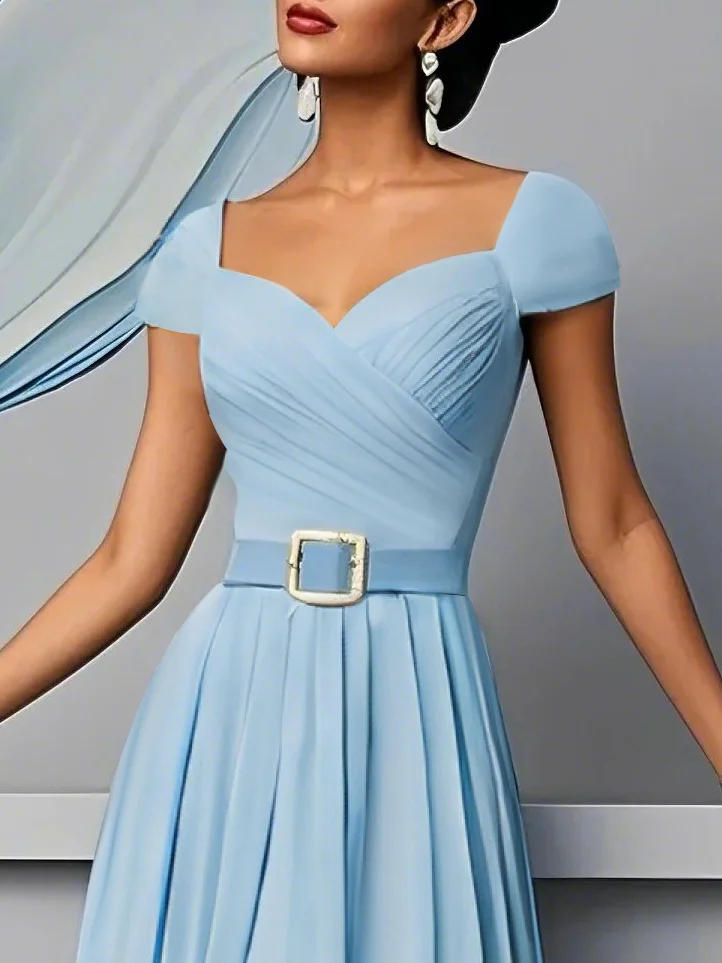 Light Blue Ruched Sweetheart Neckline A-Line Maxi Chiffon Dress