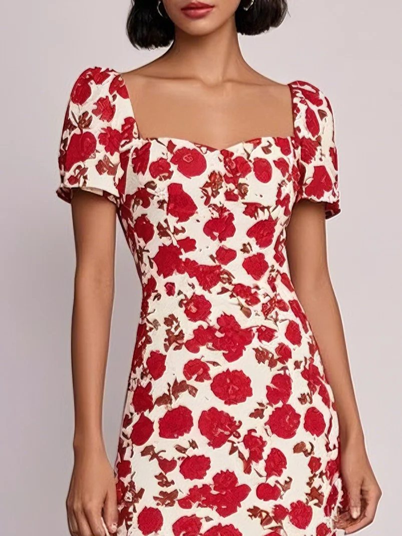 Red Floral Sweetheart Neckline Mermaid Midi Dress