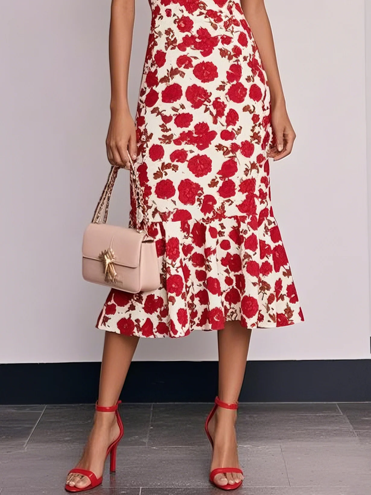 Red Floral Sweetheart Neckline Mermaid Midi Dress